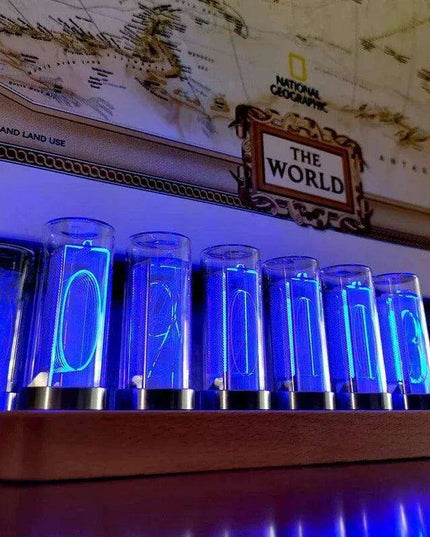 Retro RGB Nixie Tube Clock with Stylish Wooden Base - LED Alarm Timepiece for Unique Desktop Decor and Gifting