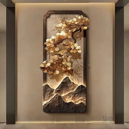 Chinese Landscape Corridor Painting with Integrated Wall Lamp