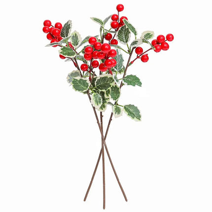 Artificial Red Berry Picks with Pale-Edged Green Leaves, 45 cm, Set of 5