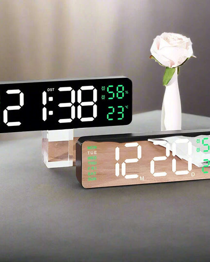 Sleek Digital LED Alarm Clock with Weather Display - Adjustable Brightness, Dual Alarms, and Wall-Mountable Design