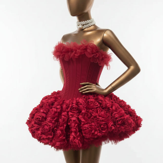 Women's Floral Tulle Corset Ballet Dress — Strapless Tiered Ruffle in Black, Beige & Red