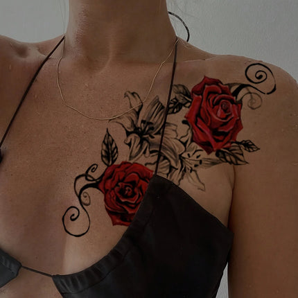 2pcs Red Temporary Rose Flower Arm & Leg Tattoo Stickers, Stripper Chest & Thigh Design, Waterproof, Perfect for Women 2pcs-red-temporary-rose-flower-arm-leg-tattoo-stickers-stripper-chest-thigh-design-waterproof-perfect-for-women
