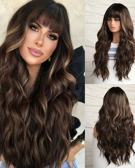 30-Inch Brown Wavy Synthetic Wig with Bangs - Perfect for Parties and Themed Events