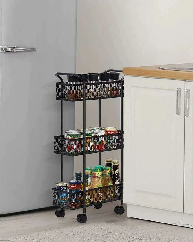 Compact Black 3-Tier Rolling Mesh Organizer Cart for Effortless Storage