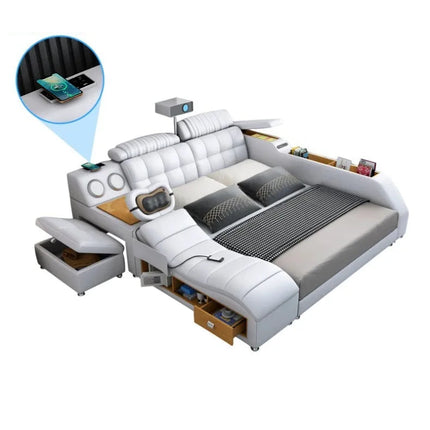 Leather Smart Bed with Built-In Massage, Overhead Projector & Underbed Storage