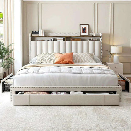 Queen Size Upholstered Bed Frame with Silent Support and Ample Storage Solutions