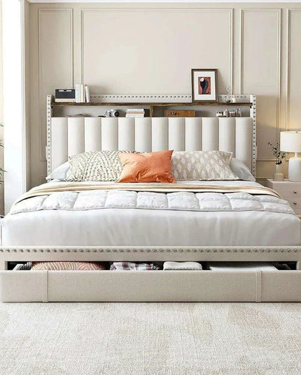 Queen Size Upholstered Bed Frame with Silent Support and Ample Storage Solutions