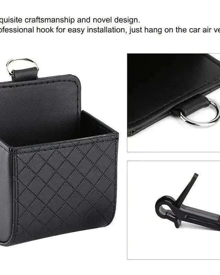 Sleek Black PU Leather Car Air Vent Organizer for Phone and Glasses