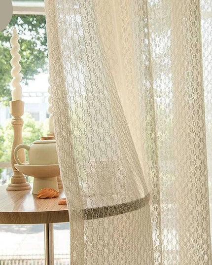 Beige Bohemian Cotton Linen Window Treatments with Grey Tulle