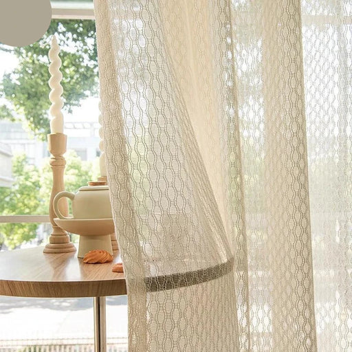Beige Bohemian Cotton Linen Window Treatments with Grey Tulle