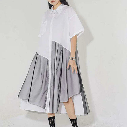 Trendy Plus Size White Mesh Shirt Dress with Irregular Splicing – Short Sleeve Fashion for Spring/Summer 2024