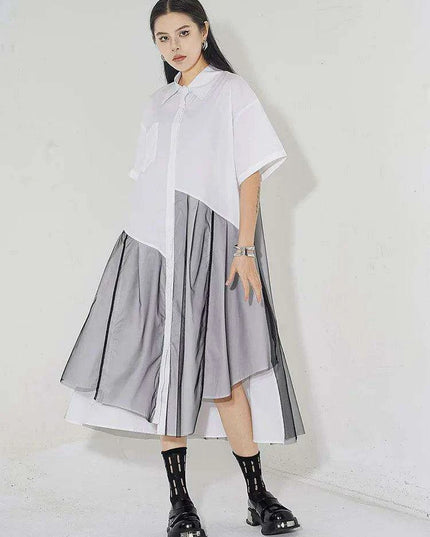 Trendy Plus Size White Mesh Shirt Dress with Irregular Splicing – Short Sleeve Fashion for Spring/Summer 2024