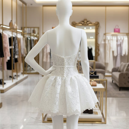 Strapless Full Lace Mini Wedding Dress — Button Back, Custom & Plus Sizes