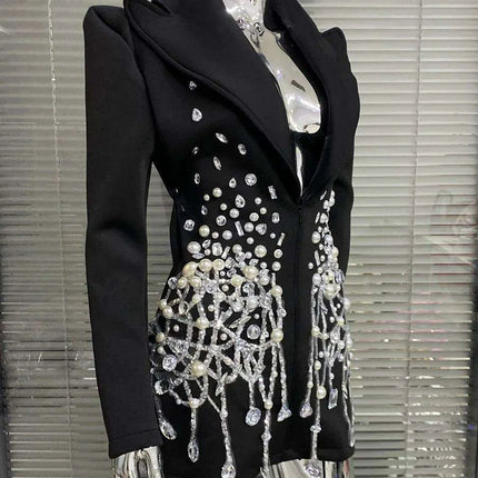 Midnight Elegance: Black Crystal Pearl Mini Dress with Chic Suit Collar