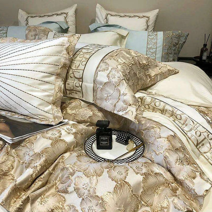Exquisite Gold Jacquard Floral Duvet Cover Set - 1200TC Egyptian Cotton Bedding with Pillowcases