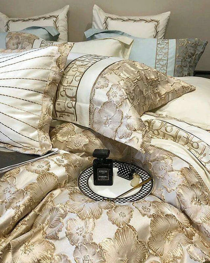 Exquisite Gold Jacquard Floral Duvet Cover Set - 1200TC Egyptian Cotton Bedding with Pillowcases