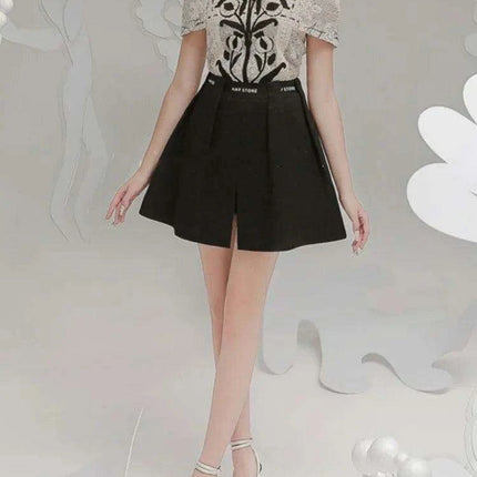 Floral Embroidery Lace Top and Pleated Skirt Set