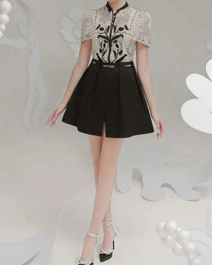 Floral Embroidery Lace Top and Pleated Skirt Set