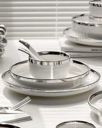 Sophisticated White Porcelain Dinnerware Collection with Silver Detailing for Elegant Home and Hotel Dining