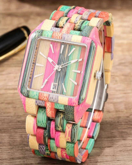 Eco-Conscious Style: Men's Artisan Wooden Quartz Watch with Vibrant Multicolor Band