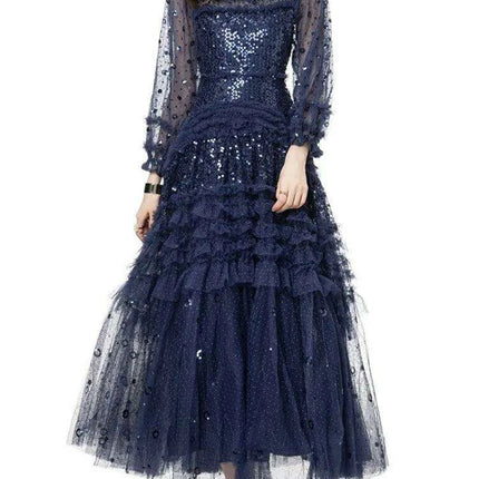 Elegant O-neck Layered Sequin High-Waist Dress for Women