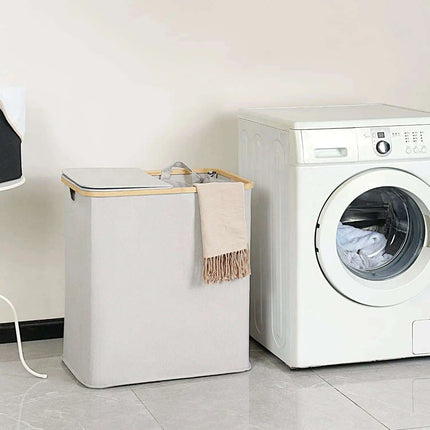 Elegant Bamboo Dual Laundry Sorter with Lid and Removable Bags
