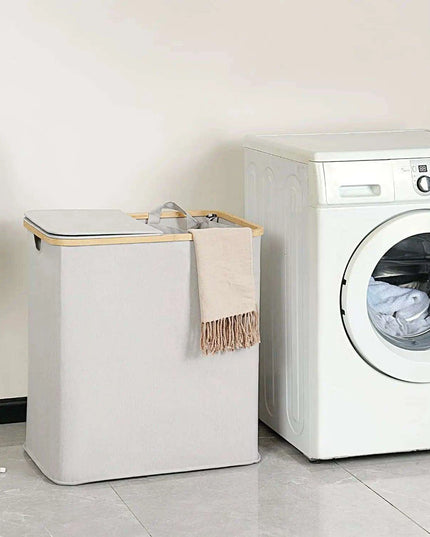 Elegant Bamboo Dual Laundry Sorter with Lid and Removable Bags