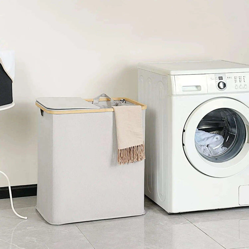 Elegant Bamboo Dual Laundry Sorter with Lid and Removable Bags