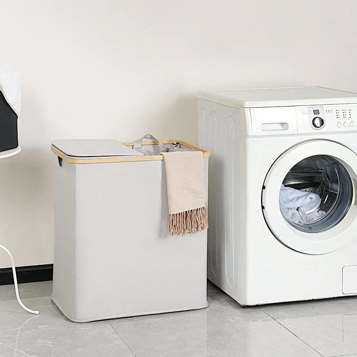 Elegant Bamboo Dual Laundry Sorter with Lid and Removable Bags