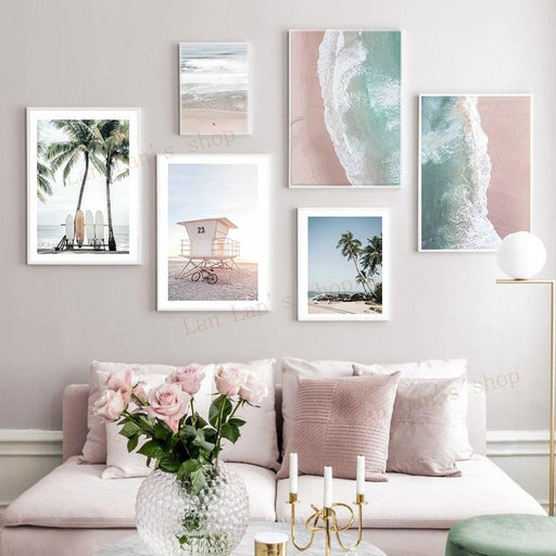 Serene Pink Beach and Palm Trees Canvas Print - Coastal Home Decor Piece