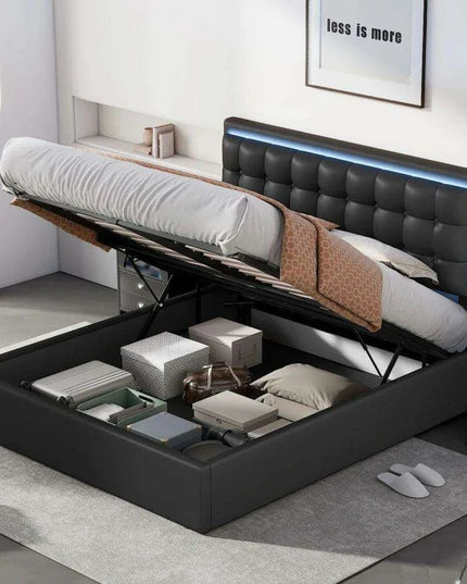 Regal Black & Gold LED Queen Bed Frame with Stylish Ottoman Storage