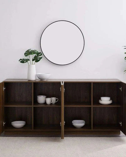 Sleek Contemporary Dark Walnut 4-Door Cutlery Storage Cabinet with Adjustable Shelves - Modern Design, 15.75" Deep x 70" Wide x 31" High, Free Shipping Included