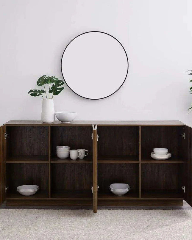 Sleek Contemporary Dark Walnut 4-Door Cutlery Storage Cabinet with Adjustable Shelves - Modern Design, 15.75" Deep x 70" Wide x 31" High, Free Shipping Included