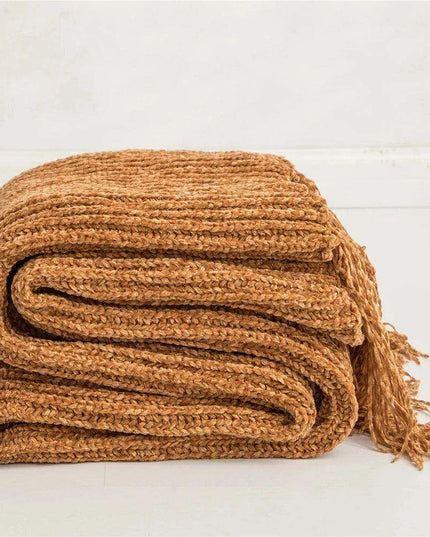 Charming Chenille Knit Throw Blanket with Delightful Pompoms - Cozy Elegance for Your Living Space