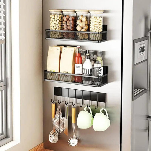 Magnetic Spice Rack with Hook Paper Towel Holder - Refrigerator Kitchen Storage Organizer Shelf