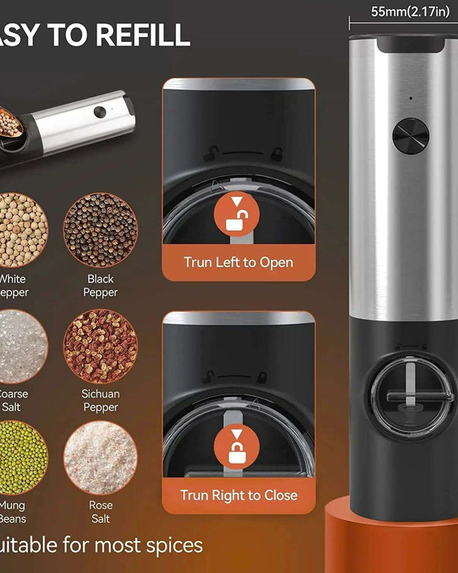 Rechargeable Electric Salt and Pepper Grinder Set with One-Handed Operation and Adjustable Grind Settings