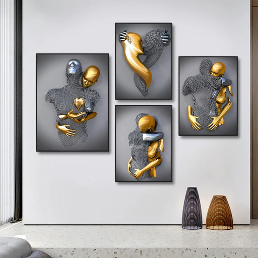 Metal Figure Golden Statue Art Canvas Painting Romantic Abstract Lovers Posters and Prints Wall Pictures Modern Home Decor Gifts