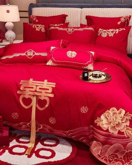 Luxury Red Chinese Wedding Duvet Cover Set with Elegant Golden Floral Embroidery and Premium Pillowcases