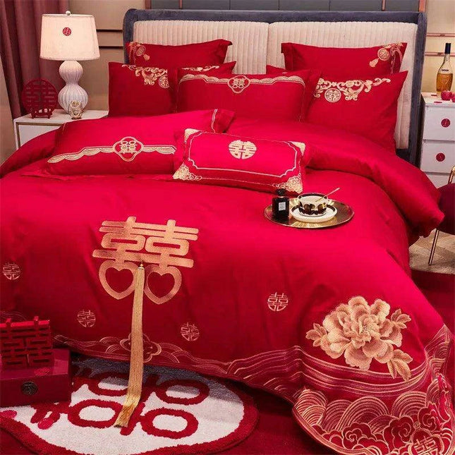 Luxury Red Chinese Wedding Duvet Cover Set with Elegant Golden Floral Embroidery and Premium Pillowcases