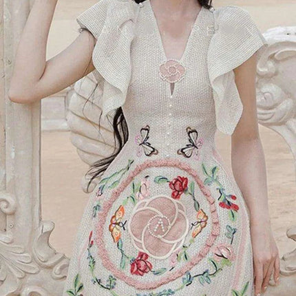 Pearl Embroidered V-Neck A-Line Dress with Flutter Sleeves