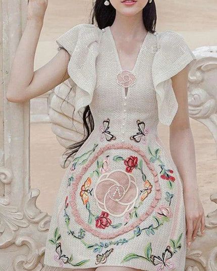 Pearl Embroidered V-Neck A-Line Dress with Flutter Sleeves
