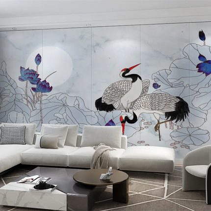 Plum Blossom & Crane Mural Wallpaper — Custom Size, 5 Finishes, Asian Art Style