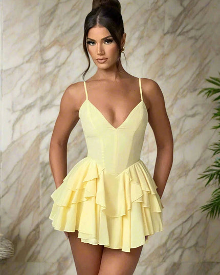 Elegant Backless Ruffled V Neck Summer Mini Dress for Women - Ideal for Parties and Gatherings