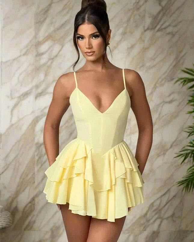 Elegant Backless Ruffled V Neck Summer Mini Dress for Women - Ideal for Parties and Gatherings