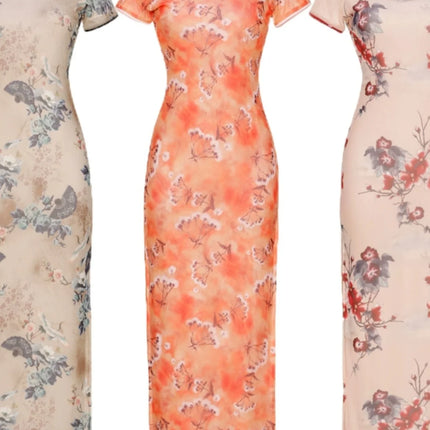 Floral Print Square Dance Dress — High Slit, Short Sleeve, 4 Prints, 8 Sizes