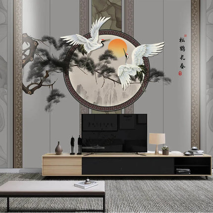Plum Blossom & Crane Mural Wallpaper — Custom Size, 5 Finishes, Asian Art Style