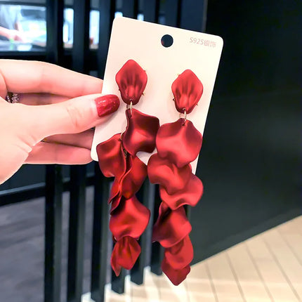 Honeypotson SU-SU Rose Petal Long Earrings - Elegant Red Design