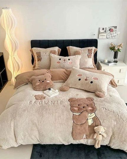 Charming Cartoon Bear Velvet Fleece Bedding Set for Kids - Duvet Cover, Sheet & Pillowcase in Various Sizes