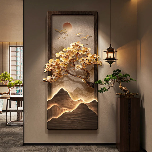 Chinese Landscape Corridor Painting with Integrated Wall Lamp