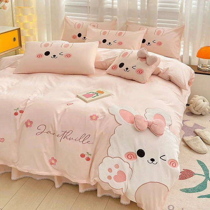 Charming 100% Cotton Pink Rabbit Applique Bedding Set - Duvet Cover, Fitted Sheet, Bed Skirt, and Pillowcases